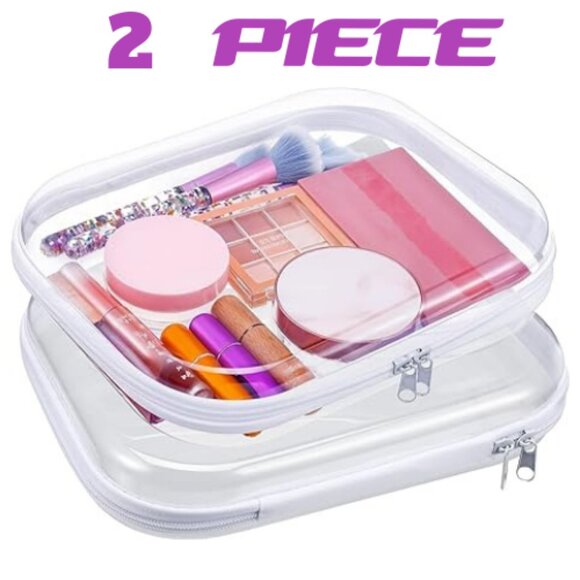 2 Pcs Clear Hard Plastic Pouch, Double Zipper Case,Transparent, Travel Organizer - Picture 2 of 6